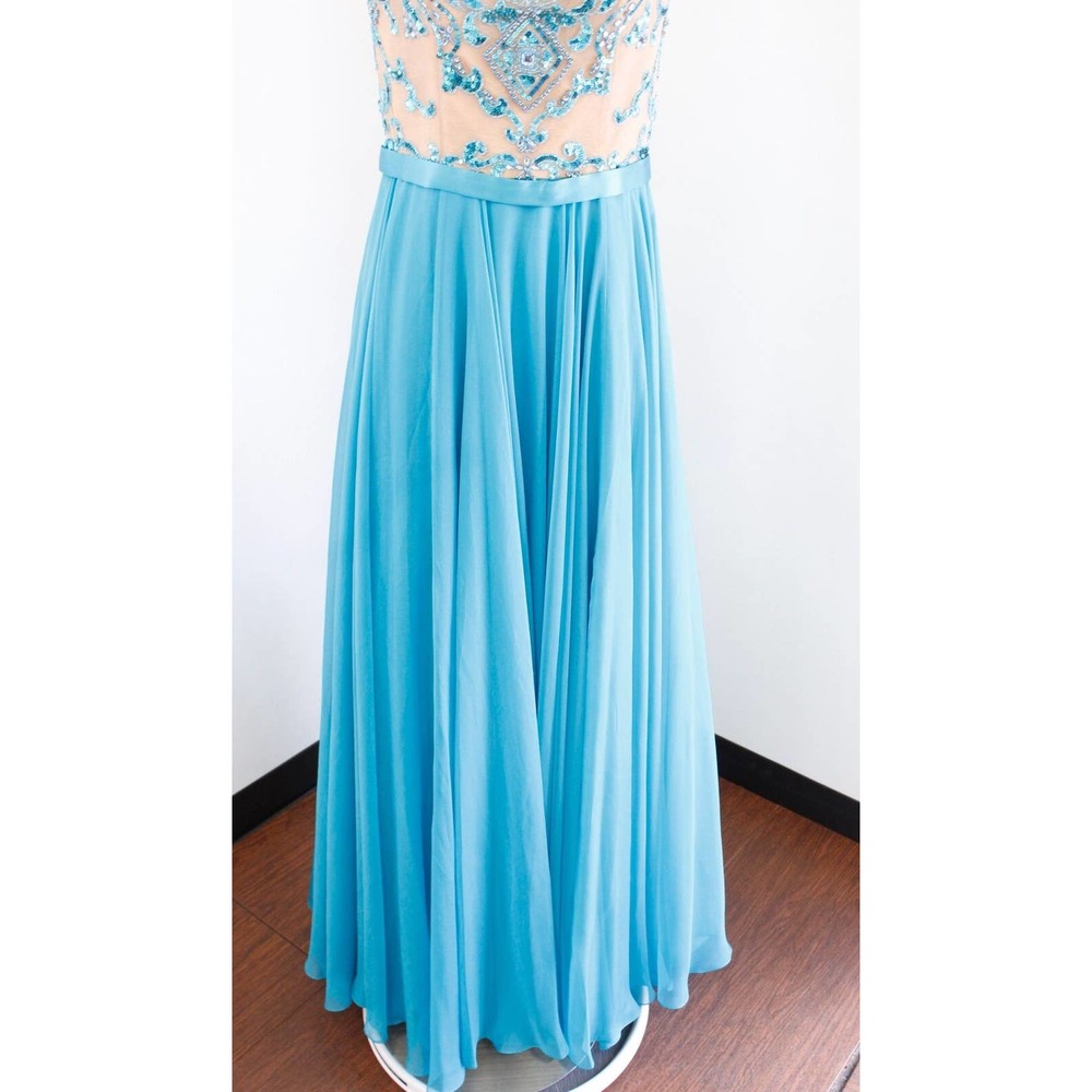 Sherri Hill Turquoise Blue Nude Mesh Beaded Prom Formal Dress Gown Size 12 - Picture 5 of 12